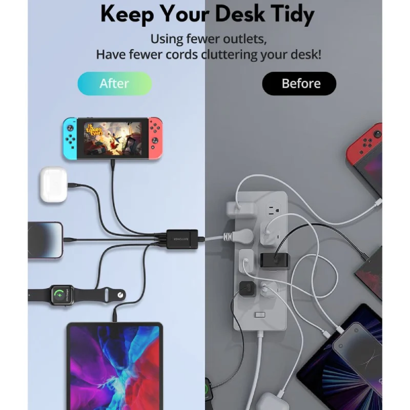 مشترك كهربائي بخمسة منافذ راف باور مع محول شاحن سفر، 75 واط، USB-C، USB-A، أسود