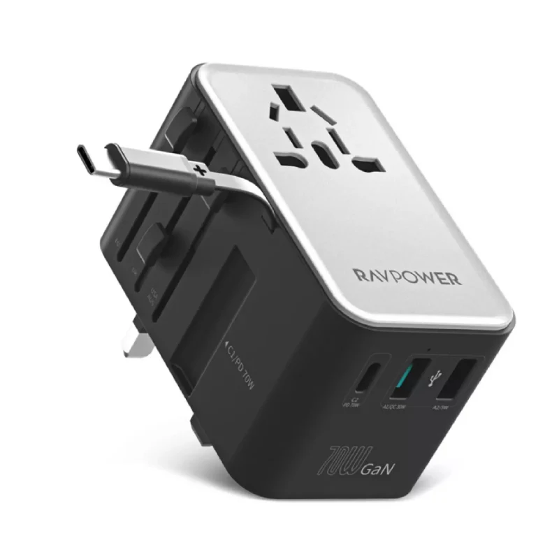 شاحن سفر راف باور بتقنية GaN مع كابل - 70 واط / USB-C / USB-A / أسود