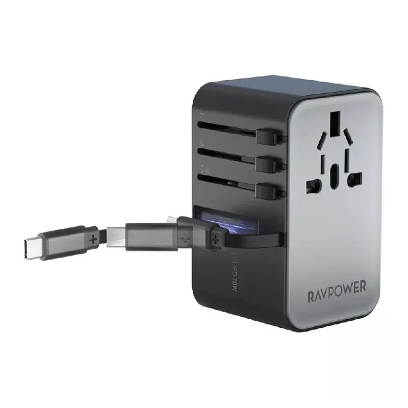 شاحن سفر راف باور بتقنية GaN مع كابل - 70 واط / USB-C / USB-A / أسود