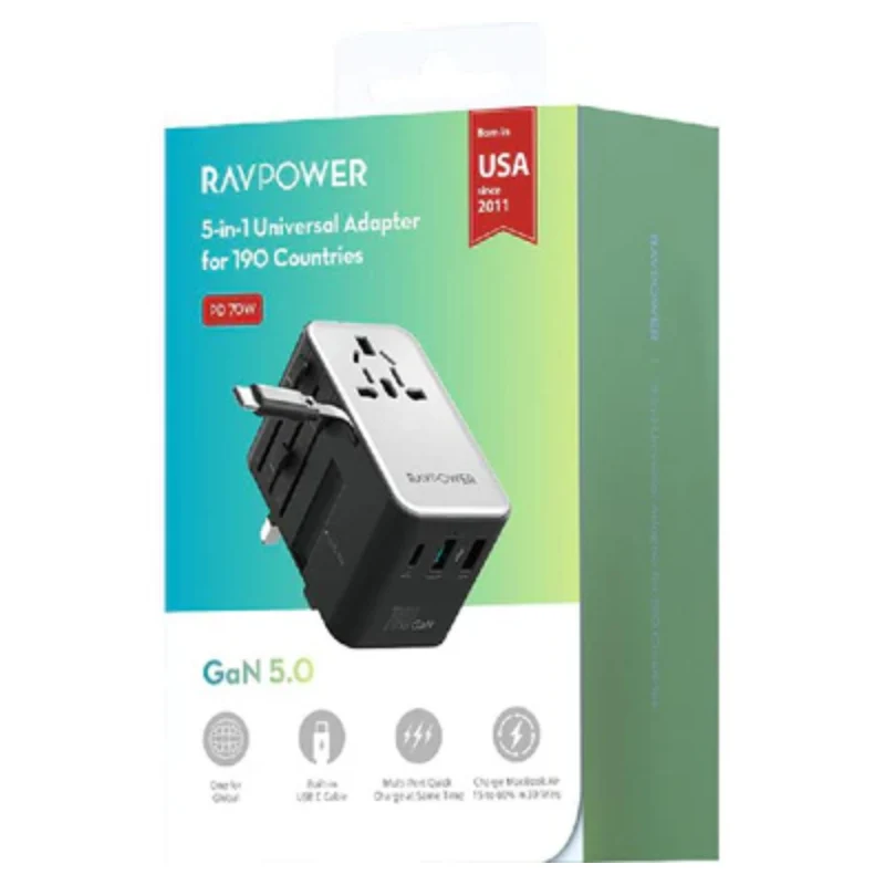 شاحن سفر راف باور بتقنية GaN مع كابل - 70 واط / USB-C / USB-A / أسود