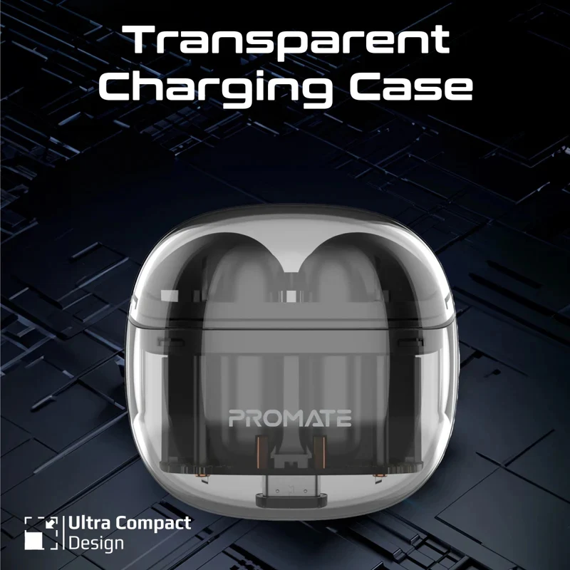 PROMATE TransPods High Definition Transparent TWS Earbuds with IntelliTouch - Bluetooth / 350mAh / Black