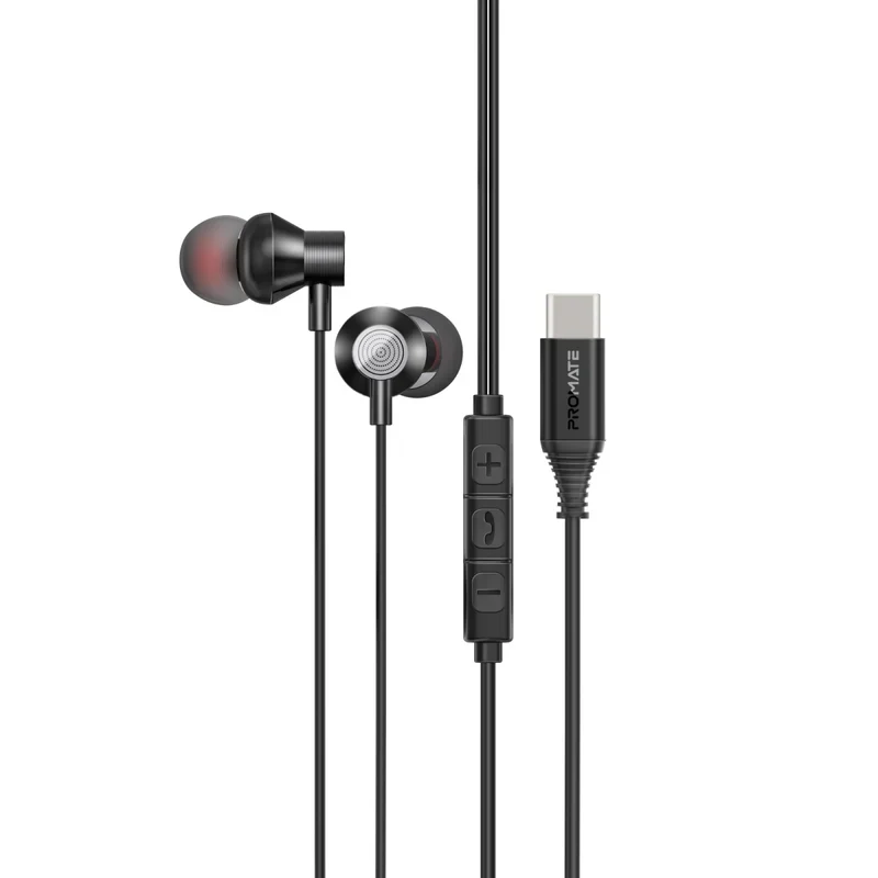PROMATE Silken-C Ergonomic In-Ear USB-C Wired Stereo Earphones - Wired / USB-C / Black