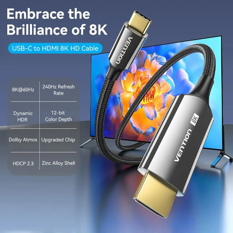 كابل USB-C إلى HDMI مضفر فينتشن، 8K، 1.8 متر، أسود