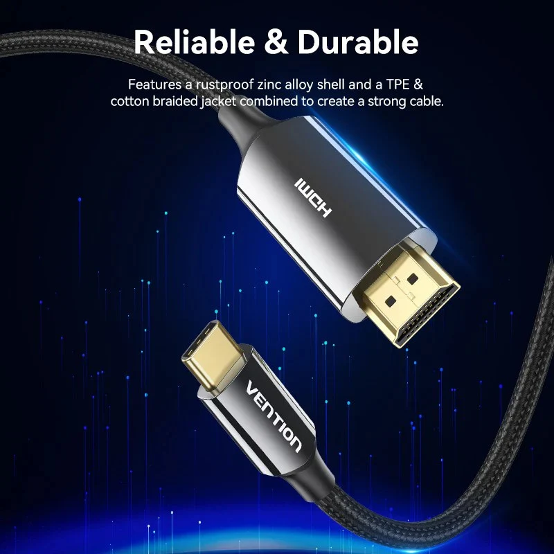 كابل USB-C إلى HDMI مضفر فينتشن، 8K، 1.8 متر، أسود
