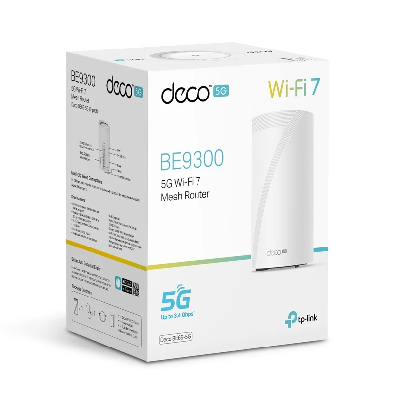TP-Link (Deco BE65-5G) 5G BE9300 Tri-Band Whole Home Mesh Wi-Fi 7 System - 6GHz (5760 Mbps) / USB3.0 / Gigabit WAN / Gigabit LAN