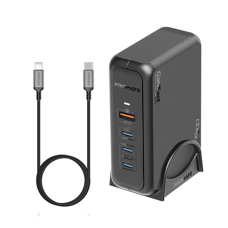 شاحن بروميت GaNPort-140W بتوصيل الطاقة مع محطة شحن، بقدرة 140 واط، يو إس بي-C/يو إس بي-A، باللون الأسود