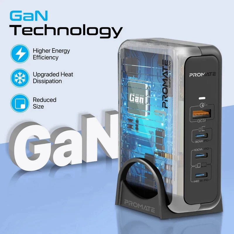 شاحن بروميت GaNPort-140W بتوصيل الطاقة مع محطة شحن، بقدرة 140 واط، يو إس بي-C/يو إس بي-A، باللون الأسود
