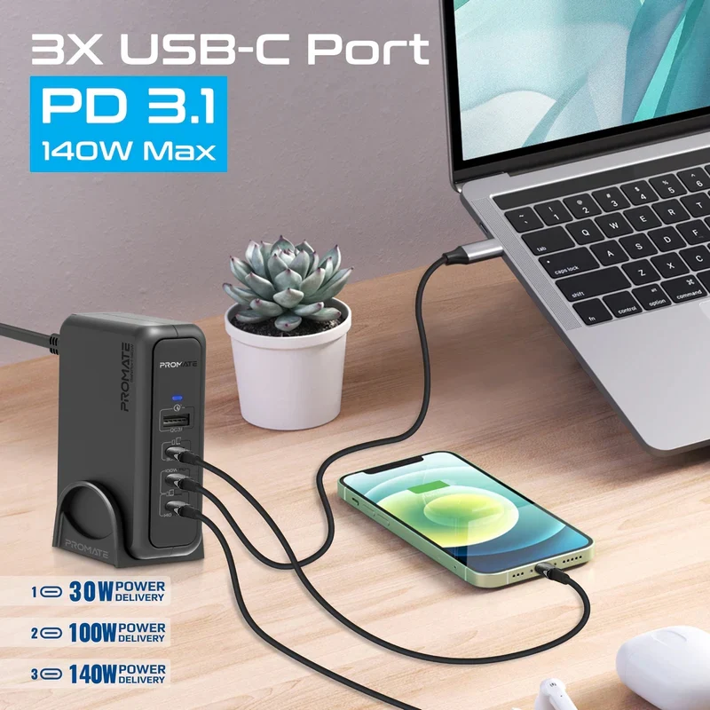 شاحن بروميت GaNPort-140W بتوصيل الطاقة مع محطة شحن، بقدرة 140 واط، يو إس بي-C/يو إس بي-A، باللون الأسود