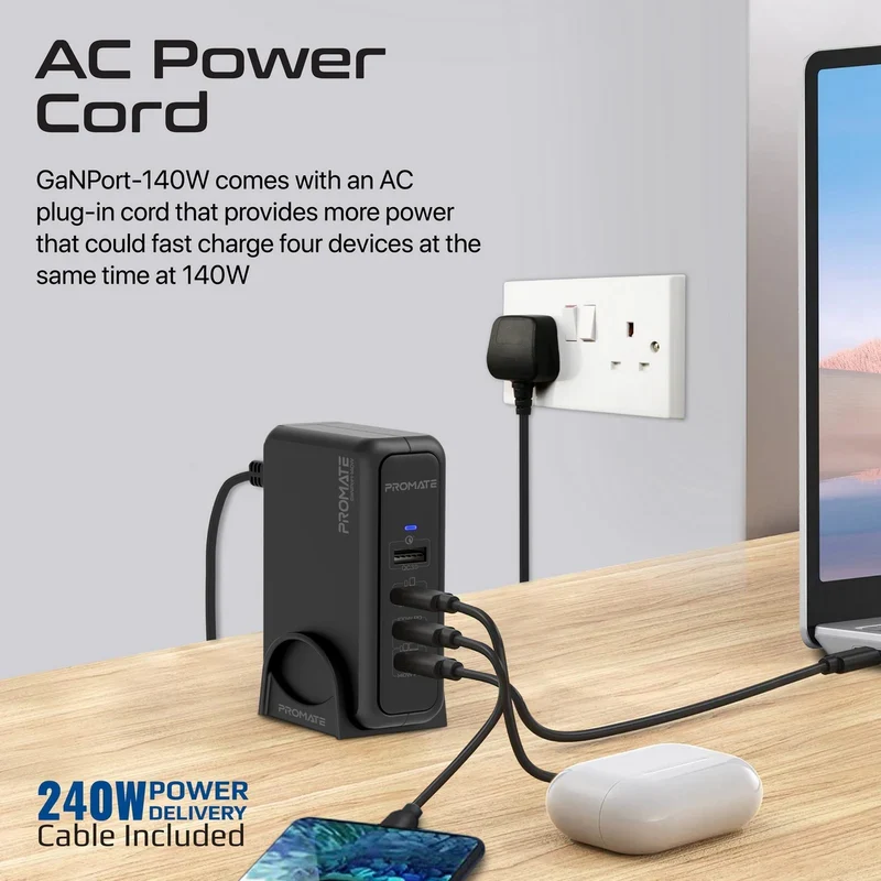 شاحن بروميت GaNPort-140W بتوصيل الطاقة مع محطة شحن، بقدرة 140 واط، يو إس بي-C/يو إس بي-A، باللون الأسود