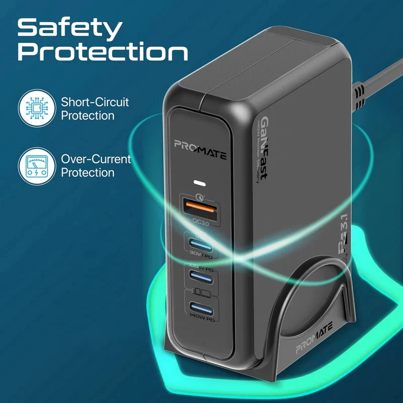 شاحن بروميت GaNPort-140W بتوصيل الطاقة مع محطة شحن، بقدرة 140 واط، يو إس بي-C/يو إس بي-A، باللون الأسود