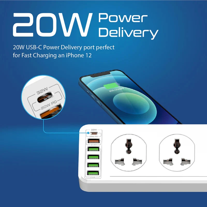 PROMATE PowerMatrix-5M 10 Way Surge Power Strip - 30W / 5 Meter / USB-A / USB-C / White