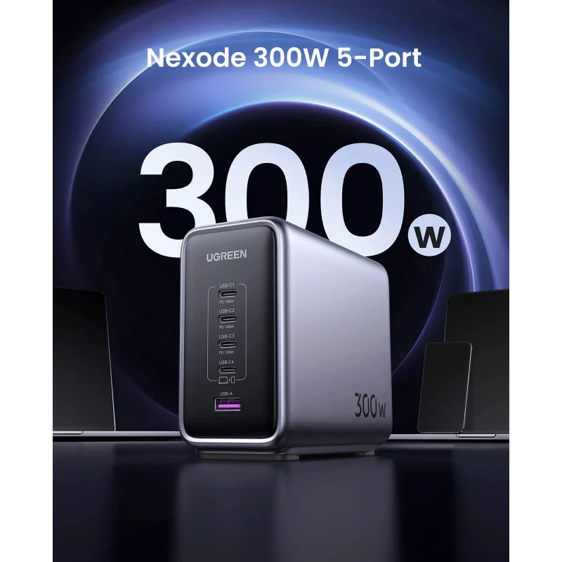 UGREEN Nexode 300W 5-Port PD GaN Fast Charger UK - Space Grey