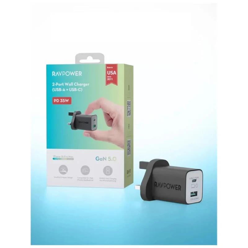 شاحن حائط راف باور بايونير بمنفذين، قدرة 35 واط، USB-A، USB-C، باللون الأسود