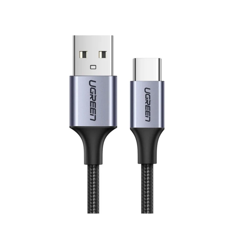 كابل يوجرين من USB-A 2.0 إلى USB-C، طلاء نيكل، جديلة من الألومنيوم، طول 1.5 متر، قدرة 18 واط، باللون الأسود