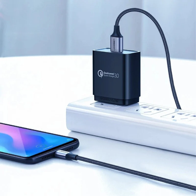 كابل يوجرين من USB-A 2.0 إلى USB-C، طلاء نيكل، جديلة من الألومنيوم، طول 1.5 متر، قدرة 18 واط، باللون الأسود