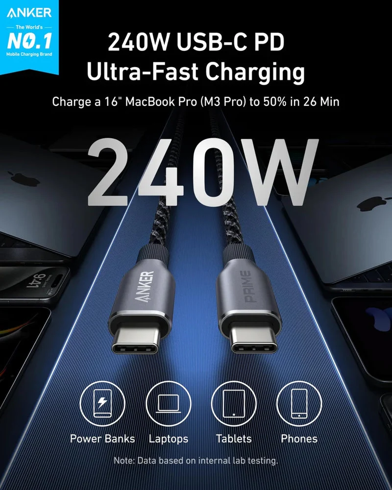كابل أنكر برايم - طول 6 أقدام / 240 واط / من USB-C إلى USB-C / أسود