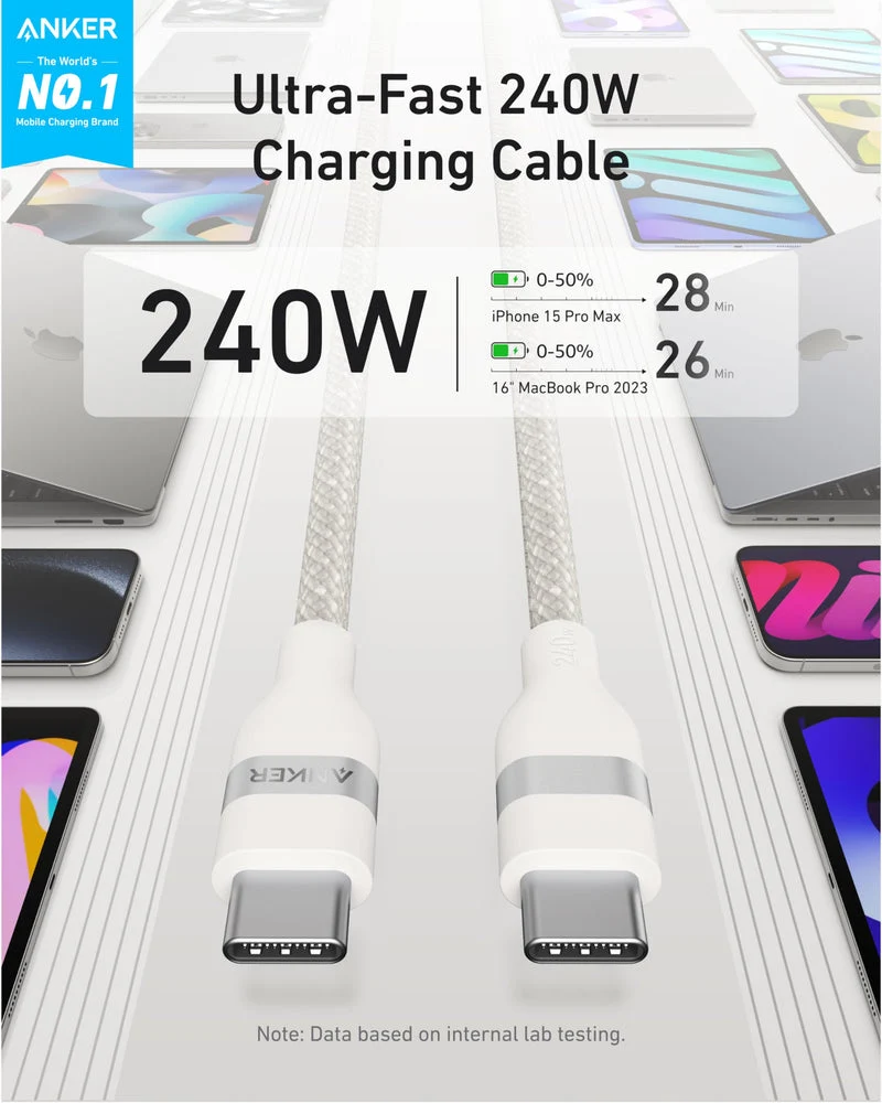 كابل أنكر من USB-C إلى USB-C - ‏3 أقدام / 240 واط / أبيض
