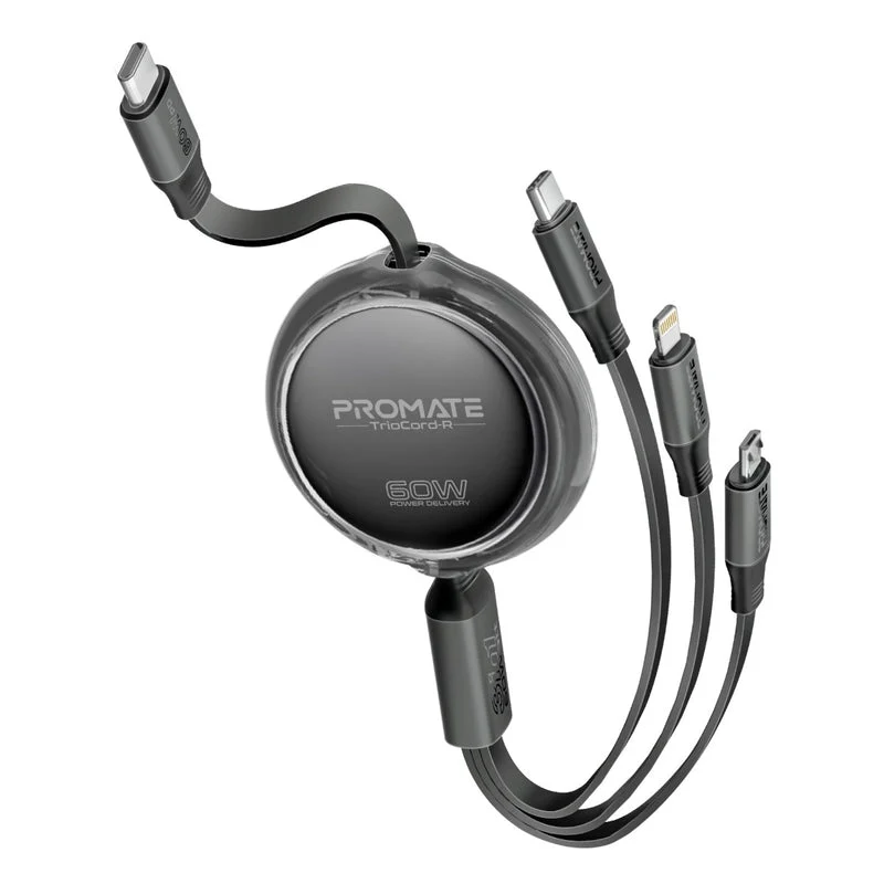 كابل بروميت TrioCord-R متعدد الموصلات قابل للسحب، 3 في 1، فائق السرعة، بطول 1.1 متر، يو إس بي-C/لايتنينج/مايكرو يو إس بي، باللون الأسود