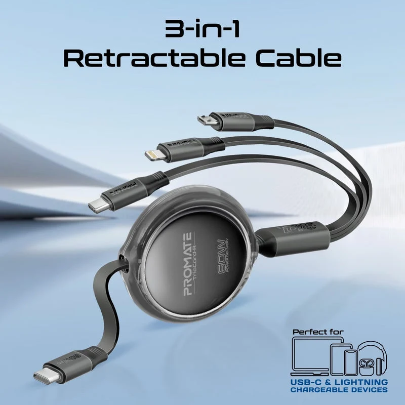 كابل بروميت TrioCord-R متعدد الموصلات قابل للسحب، 3 في 1، فائق السرعة، بطول 1.1 متر، يو إس بي-C/لايتنينج/مايكرو يو إس بي، باللون الأسود