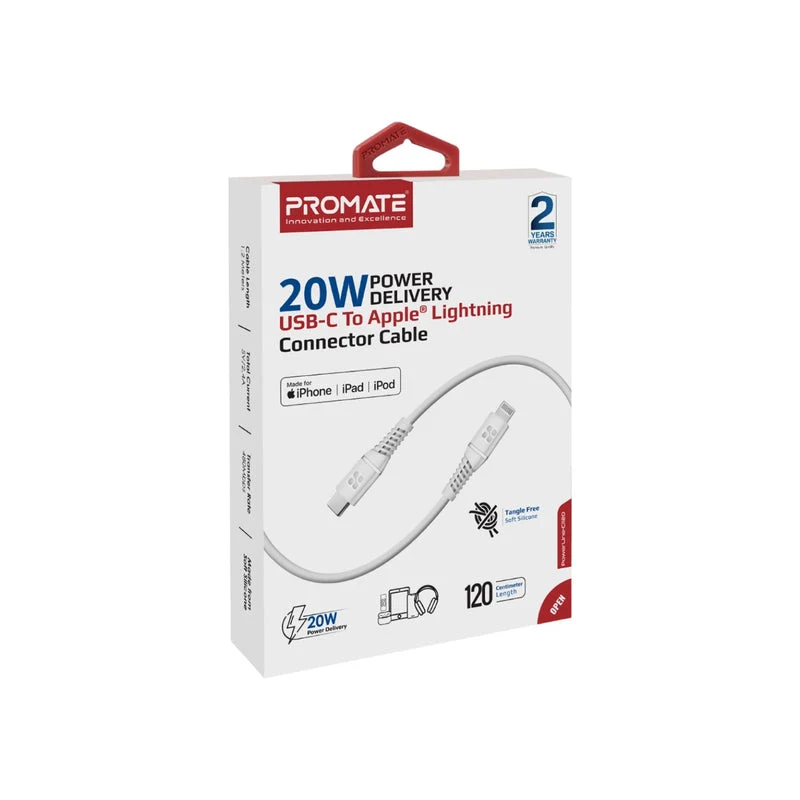 Promate PowerLine-Ci120 Connector Cable - 20W / USB-C / Lightning / White
