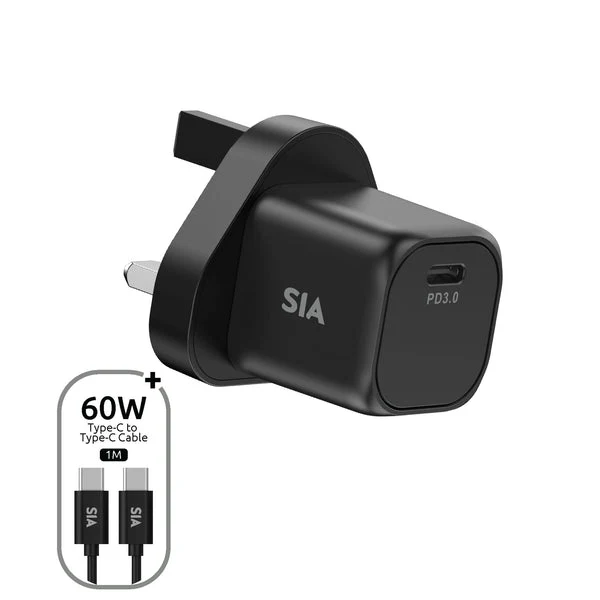 شاحن حائط صغير إس آي إيه مع كابل، USB-C، 60 واط، 1 متر، أسود