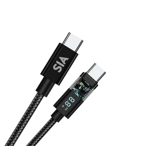 كابل مضفر سيا بغلاف شفاف وشاشة رقمية - USB-C / 60 واط / 1.2 متر / أسود
