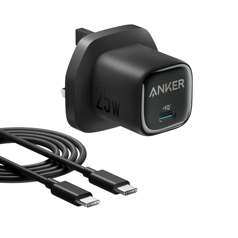 شاحن صغير أنكر مع كابل - 25 واط / USB-C / أسود