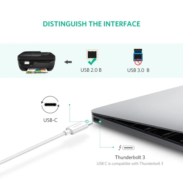 UGREEN USB-C to USB-B Printer Cable - 2 Meter / Black