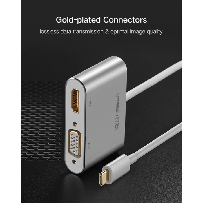 محول يوجرين يو إس بي Type-C إلى HDMI + VGA، باللون الأبيض