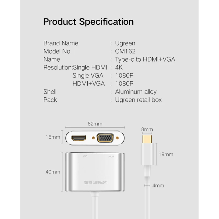 محول يوجرين يو إس بي Type-C إلى HDMI + VGA، باللون الأبيض