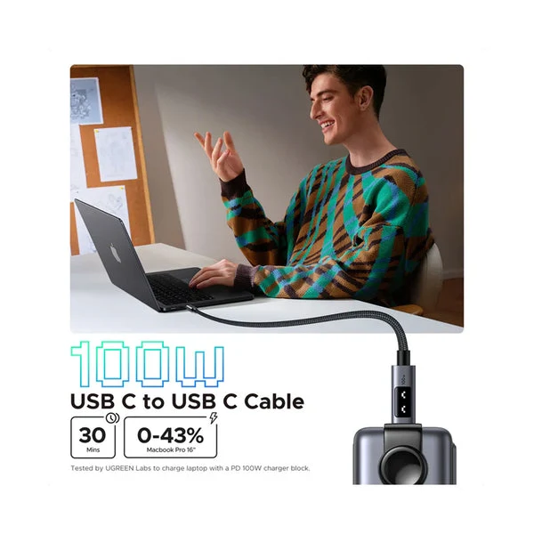 كابل شحن سريع يو جرين أونو بتقنية PD - USB-C / طول 3 أمتار / 100 واط / أسود