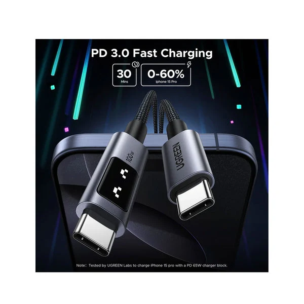 كابل شحن سريع يو جرين أونو بتقنية PD - USB-C / طول 3 أمتار / 100 واط / أسود