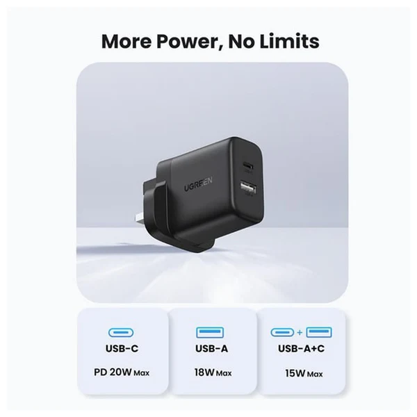 شاحن سريع يو جرين بمنفذين وقابس بريطاني - 20 واط / USB-C / USB-A / أسود