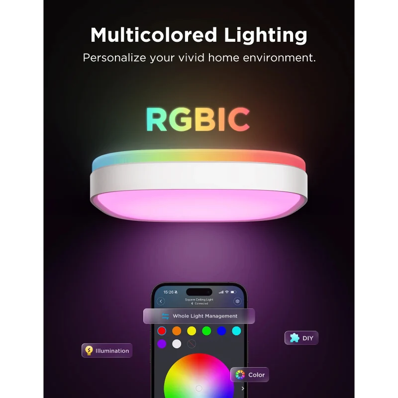 مصباح سقف ذكي مربع جوي، مقاس 30 سم، RGBWW + RGBIC