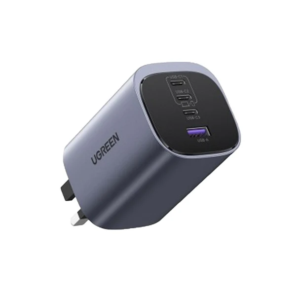 شاحن سريع يوجرين نيكسود بتقنية GaN بأربعة منافذ، إصدار UK، قدرة 100 واط، USB-A، USB-C، باللون الرمادي الفضائي