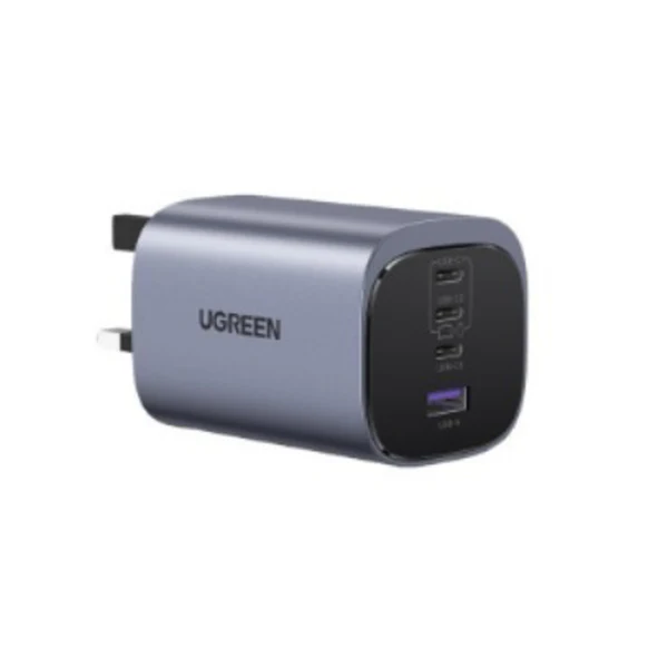 شاحن سريع يوجرين نيكسود بتقنية GaN بأربعة منافذ، إصدار UK، قدرة 100 واط، USB-A، USB-C، باللون الرمادي الفضائي