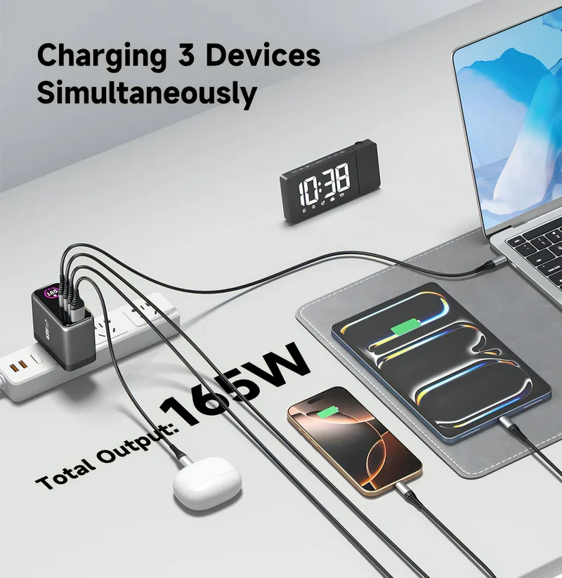 iEngage 165W TFT PD Charger (Triple USB -C + USB-A) W/ Interchangeable UK/EU Plug