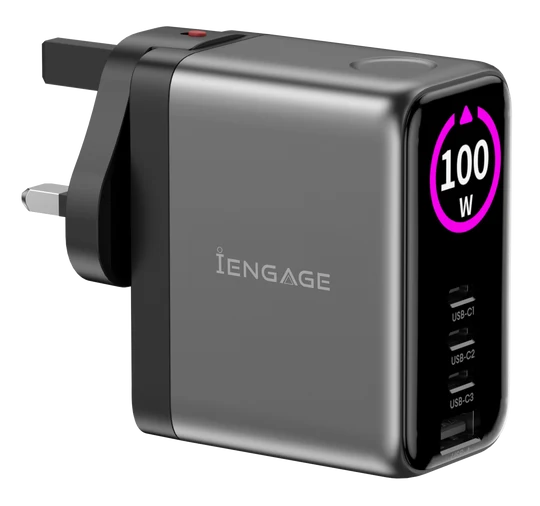 iEngage 100W TFT PD Charger (Triple USB-C + USB -A) W/Interchangeable UK/EU Plug