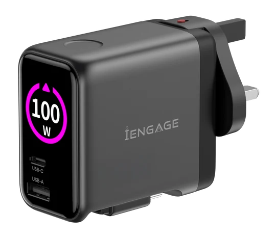 iEngage 100W AI PD Charger( USB-C+USB-C Cable+ USB- A) W/Interchangeable UK/EU Plug