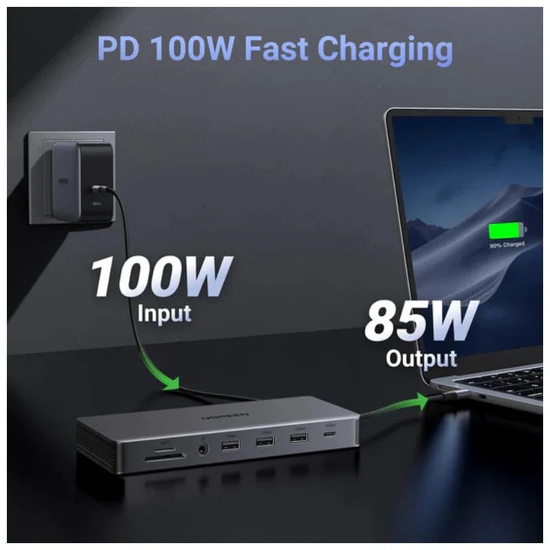 محطة إرساء USB-C يو جرين ريفودوك برو 13 في 1 - HDMI / إيثرنت / توصيل طاقة PD بقدرة 100 واط / USB-A / فتحة بطاقة SD/TF / منفذ صوت 3.5 مم