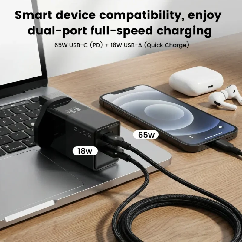 شاحن سريع زلوس أونتيكا بمنفذي GaN، 65 واط، USB-C، USB-A، أسود