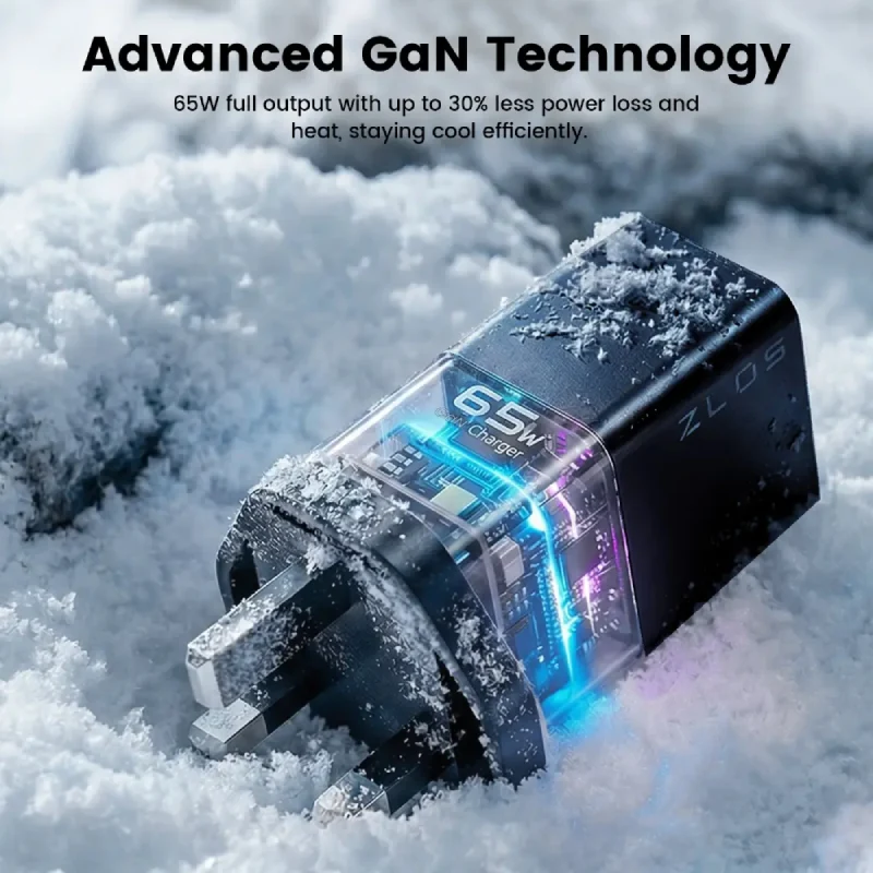 شاحن سريع زلوس أونتيكا بمنفذي GaN، 65 واط، USB-C، USB-A، أسود