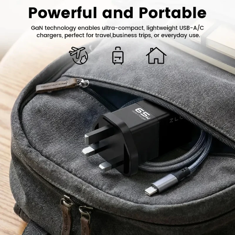 شاحن سريع زلوس أونتيكا بمنفذي GaN، 65 واط، USB-C، USB-A، أسود