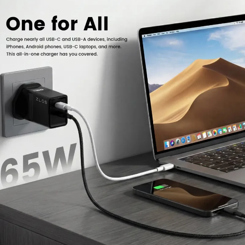 شاحن سريع زلوس أونتيكا بمنفذي GaN، 65 واط، USB-C، USB-A، أسود