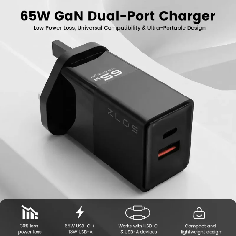 شاحن سريع زلوس أونتيكا بمنفذي GaN، 65 واط، USB-C، USB-A، أسود