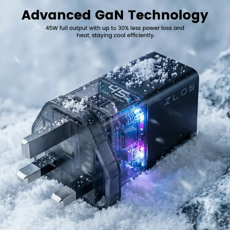 شاحن سريع ZLOS بمنفذين بتقنية GaN، 45 واط، USB-C، USB-A، أسود