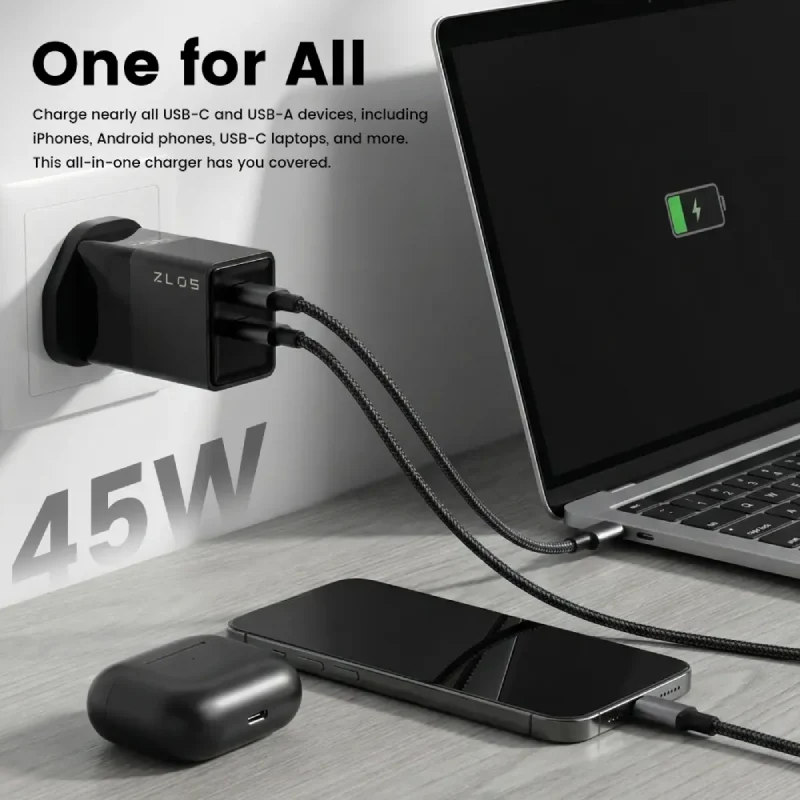 شاحن سريع ZLOS بمنفذين بتقنية GaN، 45 واط، USB-C، USB-A، أسود