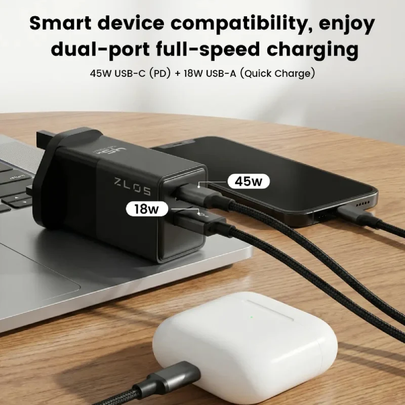 شاحن سريع ZLOS بمنفذين بتقنية GaN، 45 واط، USB-C، USB-A، أسود