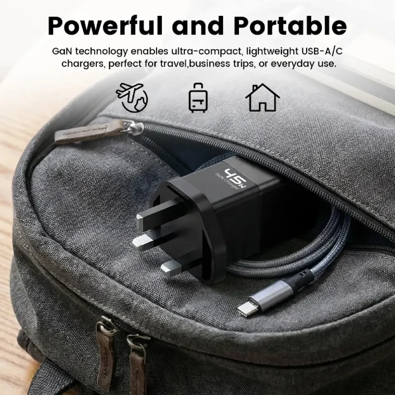 شاحن سريع ZLOS بمنفذين بتقنية GaN، 45 واط، USB-C، USB-A، أسود