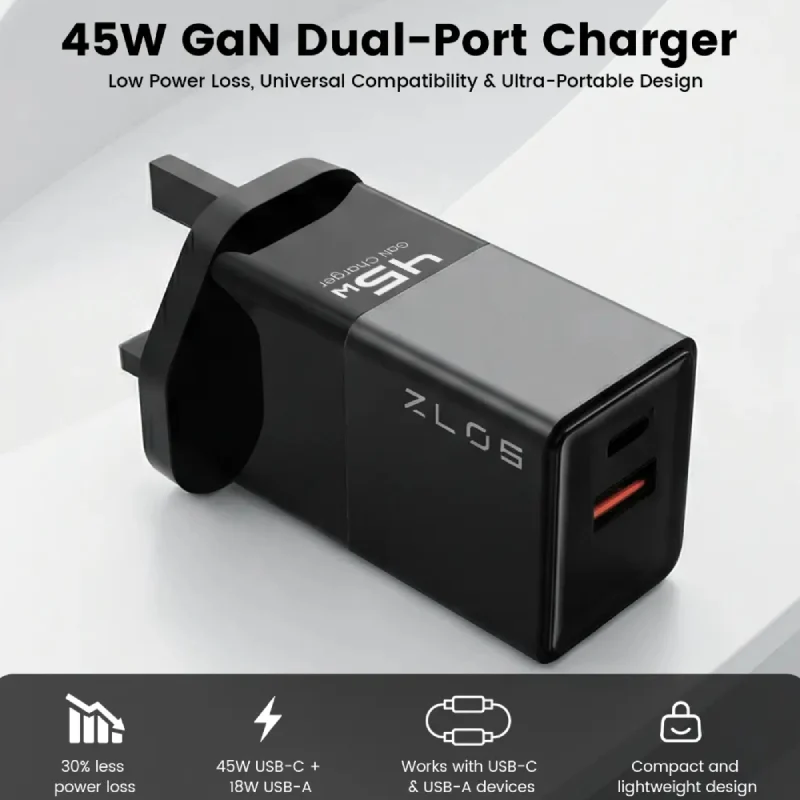 شاحن سريع ZLOS بمنفذين بتقنية GaN، 45 واط، USB-C، USB-A، أسود